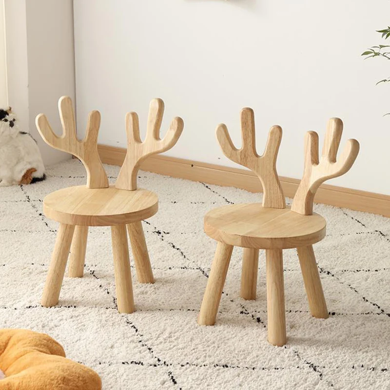 Contemporary Creative Rubberwood Antler Round Kids Low Stool With Backrest For Living Room And Entryway