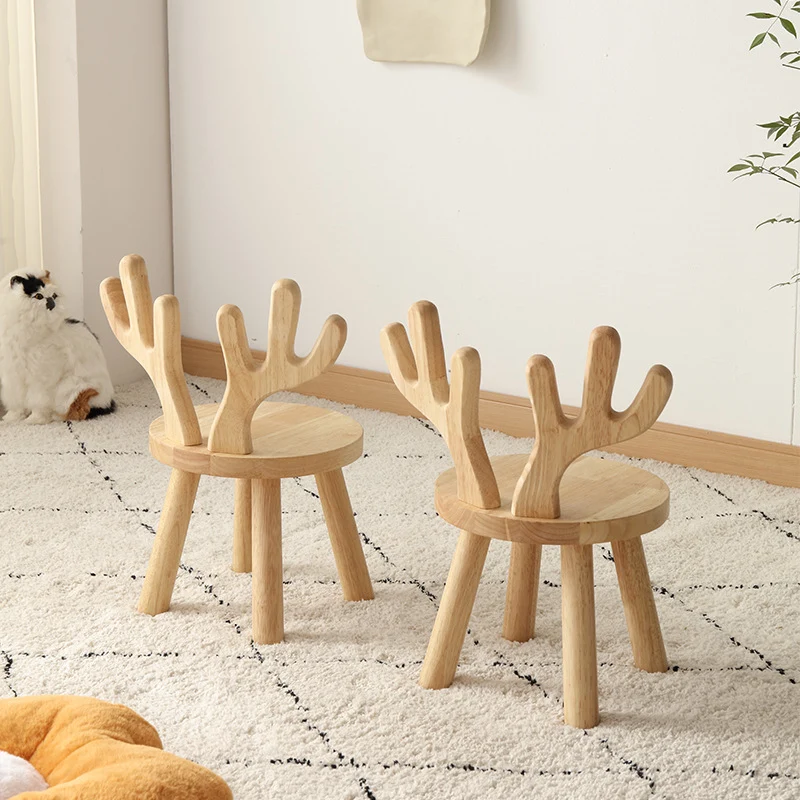 Contemporary Creative Rubberwood Antler Round Kids Low Stool With Backrest For Living Room And Entryway