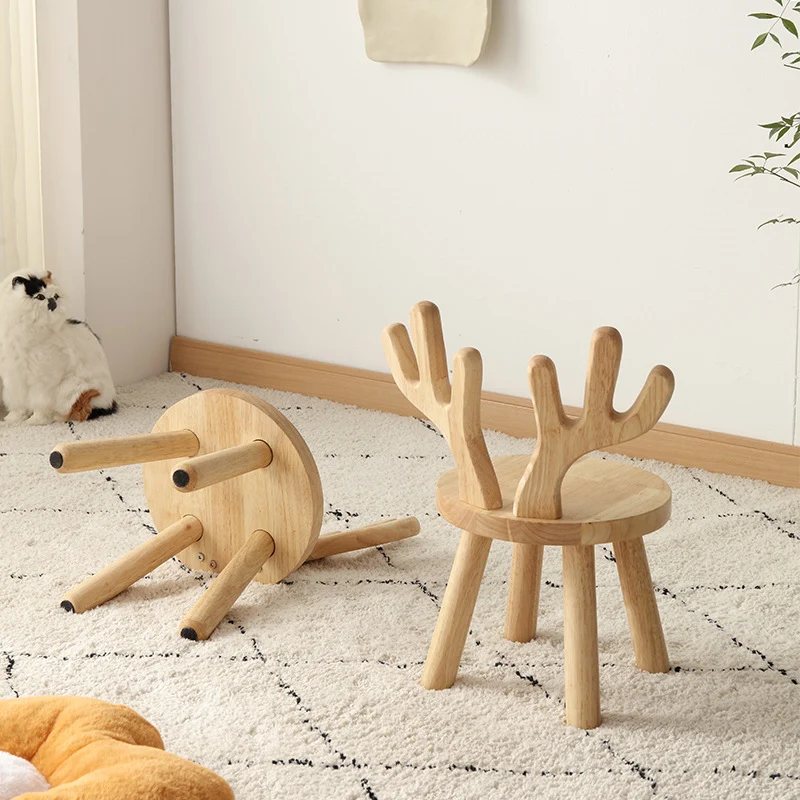 Contemporary Creative Rubberwood Antler Round Kids Low Stool With Backrest For Living Room And Entryway