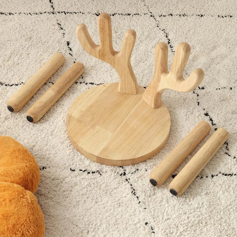 Contemporary Creative Rubberwood Antler Round Kids Low Stool With Backrest For Living Room And Entryway