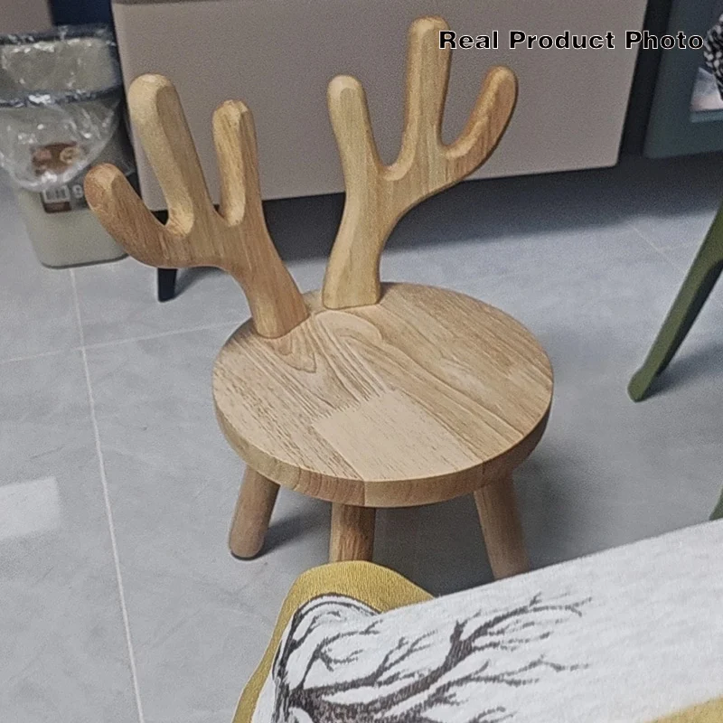 Contemporary Creative Rubberwood Antler Round Kids Low Stool With Backrest For Living Room And Entryway