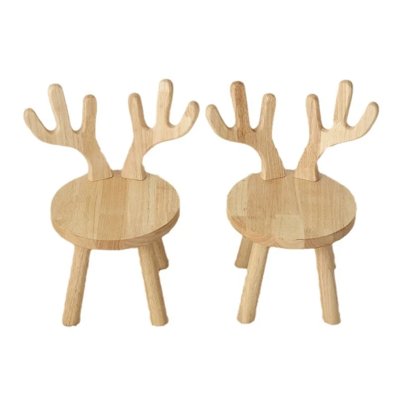 Contemporary Creative Rubberwood Antler Round Kids Low Stool With Backrest For Living Room And Entryway