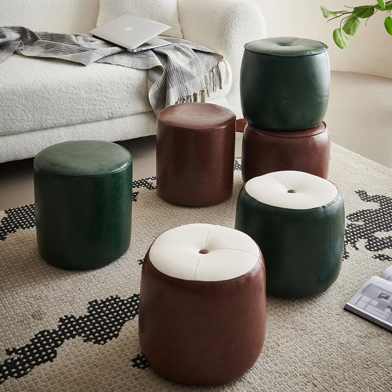 Contemporary Retro Faux Leather Rubberwood Round Button Stackable Footstool For Entryway & Living Room