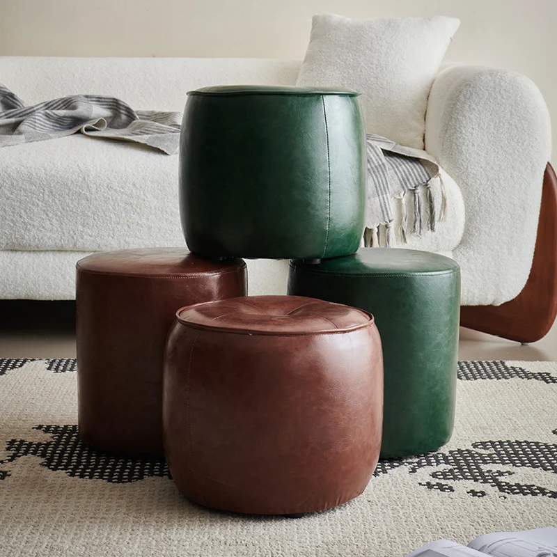 Contemporary Retro Faux Leather Rubberwood Round Button Stackable Footstool For Entryway & Living Room