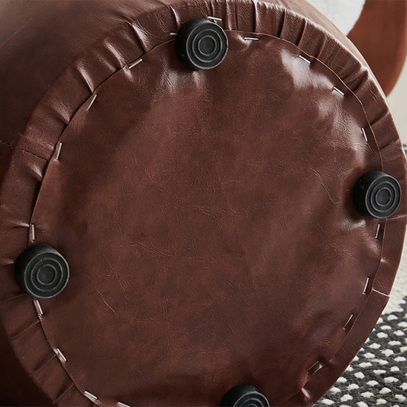 Contemporary Retro Faux Leather Rubberwood Round Button Stackable Footstool For Entryway & Living Room