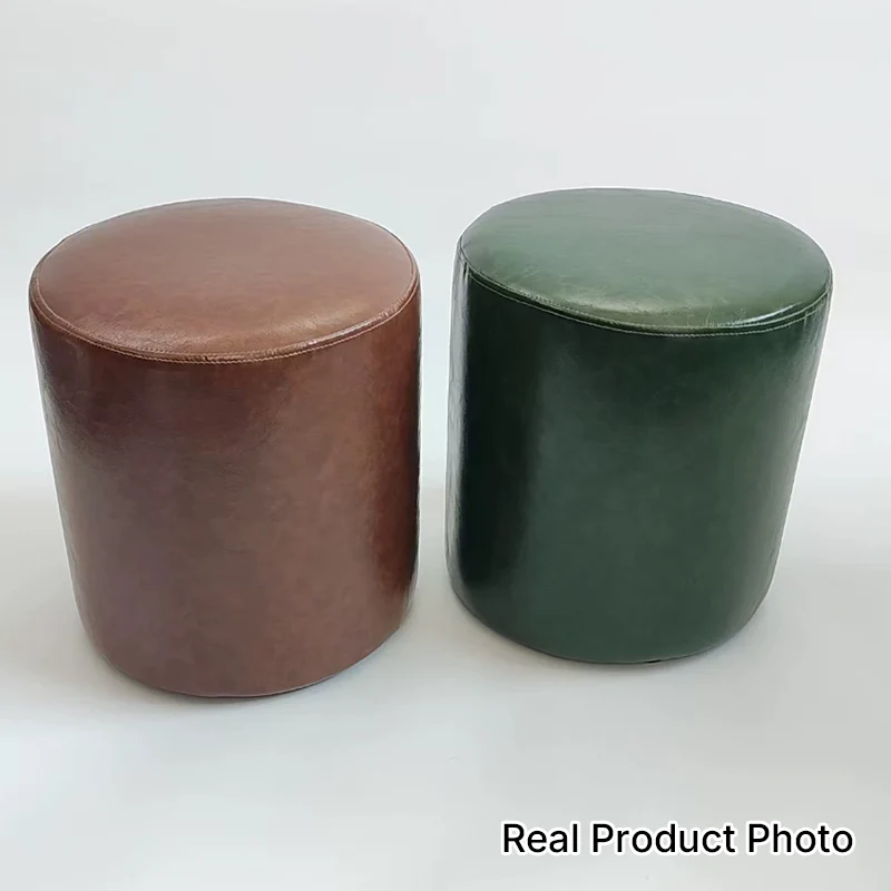 Contemporary Retro Faux Leather Rubberwood Round Button Stackable Footstool For Entryway & Living Room
