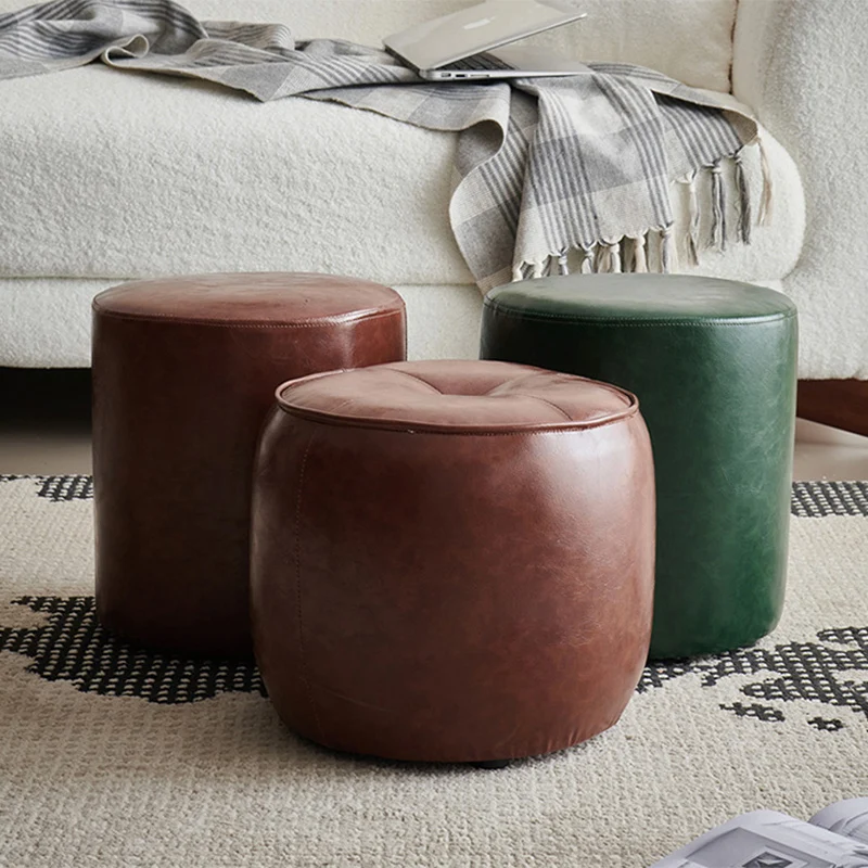 Contemporary Retro Faux Leather Rubberwood Round Button Stackable Footstool For Entryway & Living Room