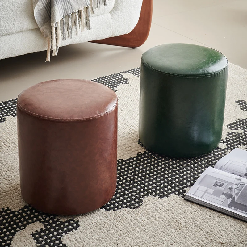 Contemporary Retro Faux Leather Rubberwood Round Button Stackable Footstool For Entryway & Living Room