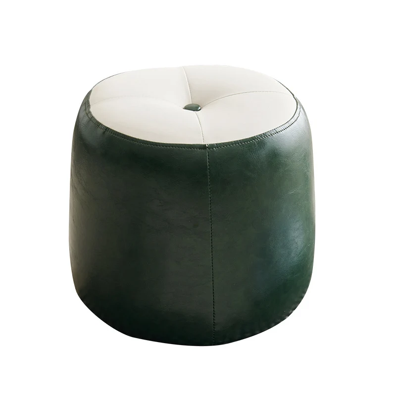 Contemporary Retro Faux Leather Rubberwood Round Button Stackable Footstool For Entryway & Living Room
