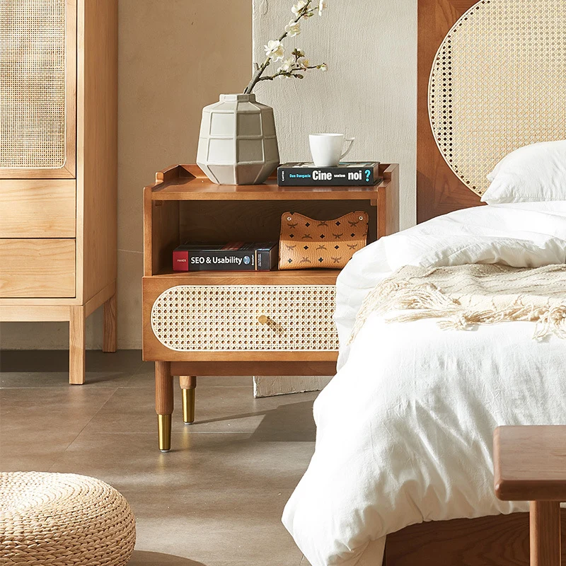 Contemporary Nordic Wood & Rattan Square Nightstand With 1-Drawer For Bedroom & Living Room