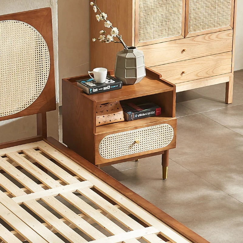 Contemporary Nordic Wood & Rattan Square Nightstand With 1-Drawer For Bedroom & Living Room