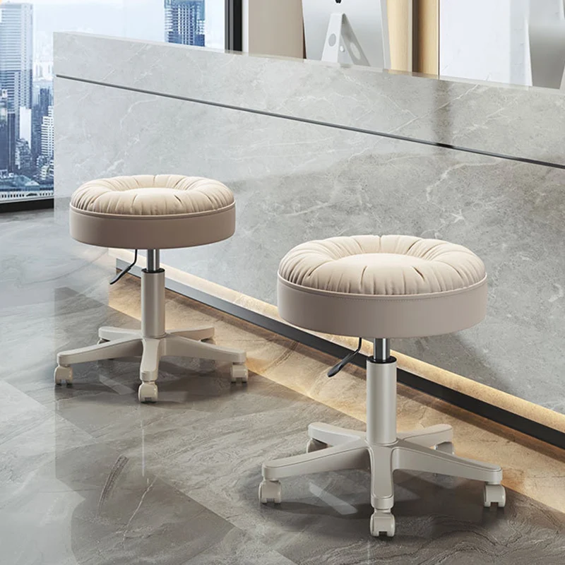 Modern Minimalist Faux Leather & Nylon Round Vanity Stool With Adjustable Height And Swivel For Bedroom & Living Room