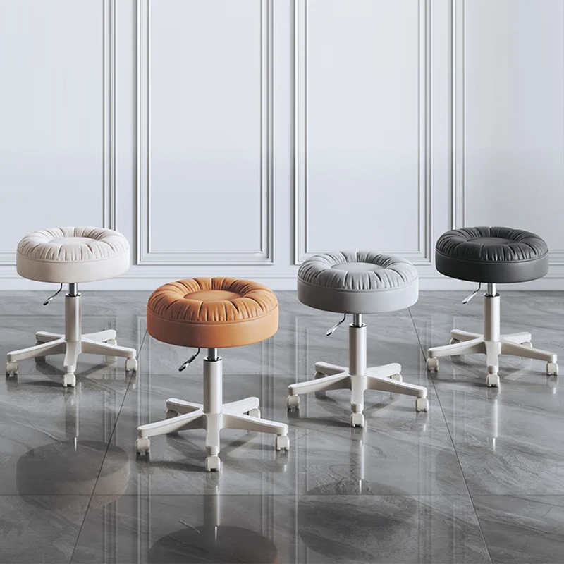 Modern Minimalist Faux Leather & Nylon Round Vanity Stool With Adjustable Height And Swivel For Bedroom & Living Room