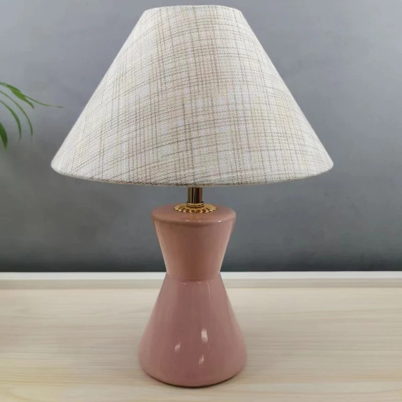 Contemporary Scandinavian Distressed Hourglass Shape Round Fabric Ceramic 1-Light Table Lamp For Bedroom