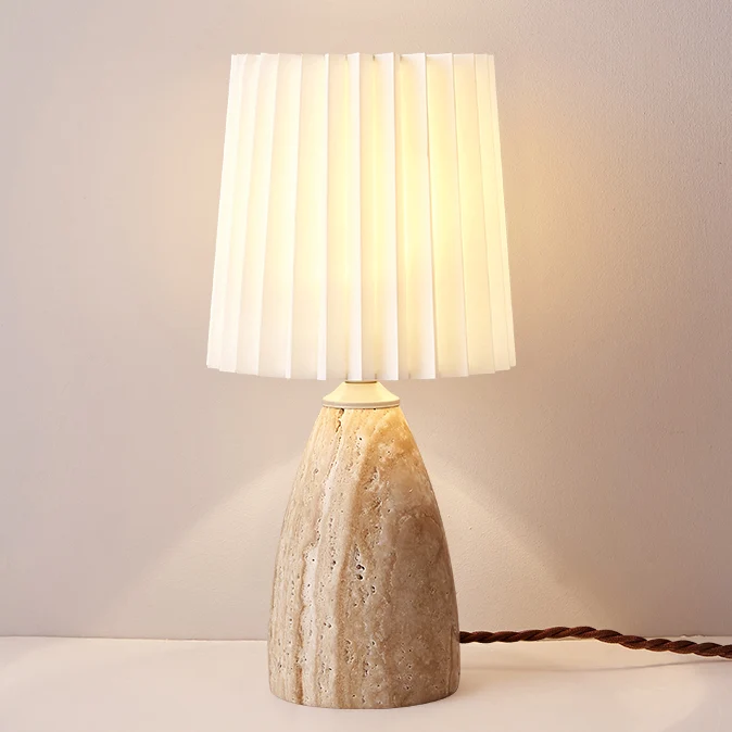 Traditional Japanese Conical Cylinder Round Fabric Yellow Travertine 1-Light Table Lamp For Living Room