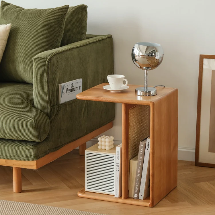 Contemporary Nordic Rectangular Cube Cherry Wood PP Rattan Side Table 2 - Tier For Living Room