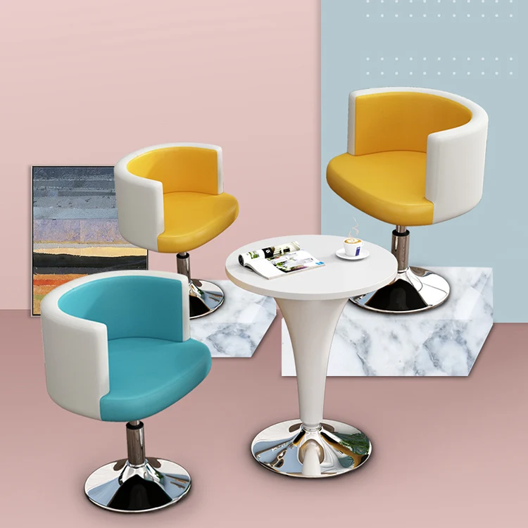 Contemporary Scandinavian Adjustable Height Rotatable Round PU Leather Upholstered Iron Legs Vanity Stool Backrest For Bedroom
