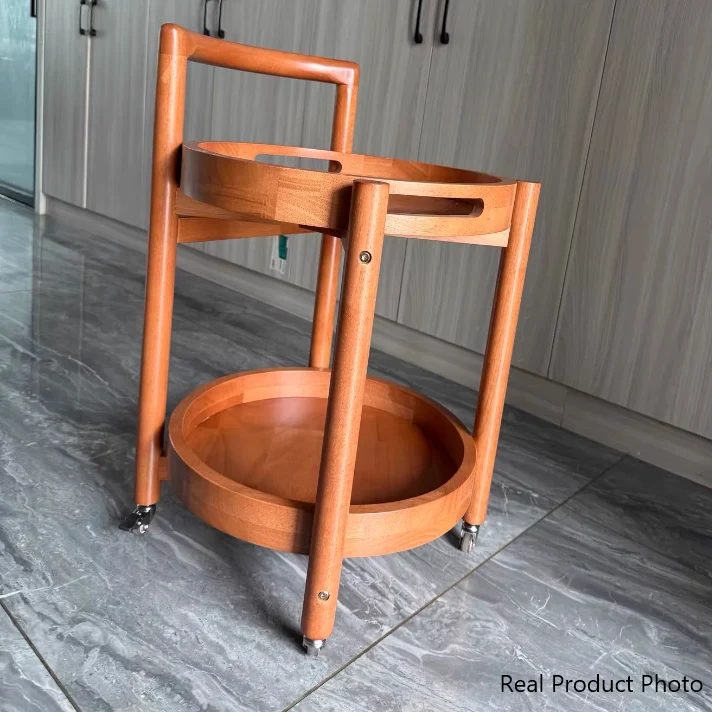 Traditional Vintage Round Rubberwood Tray Top End Table 2-Tier Rolling Cart For Living Room