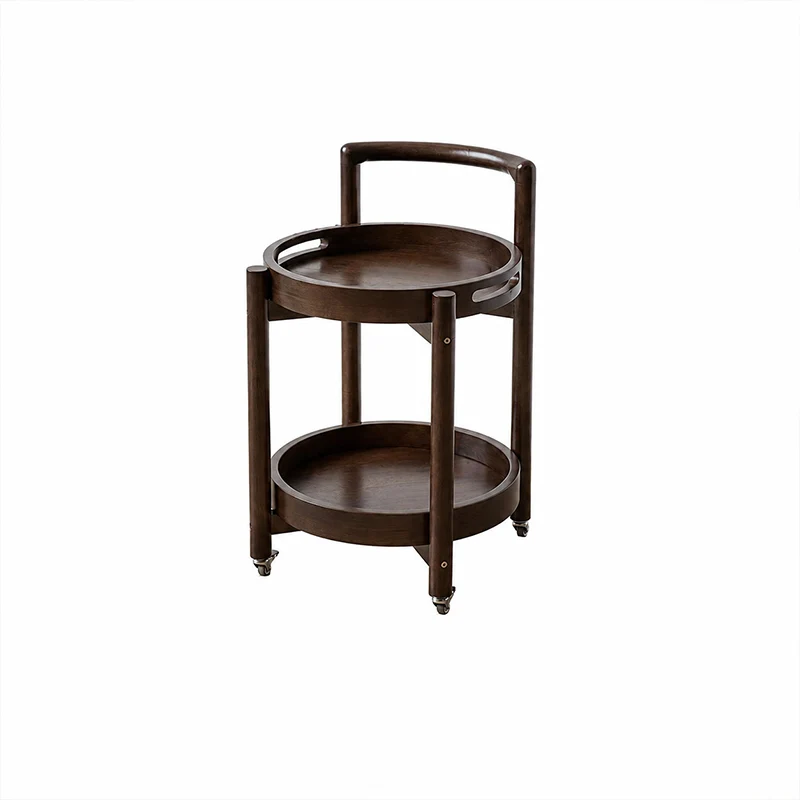 Traditional Vintage Round Rubberwood Tray Top End Table 2-Tier Rolling Cart For Living Room