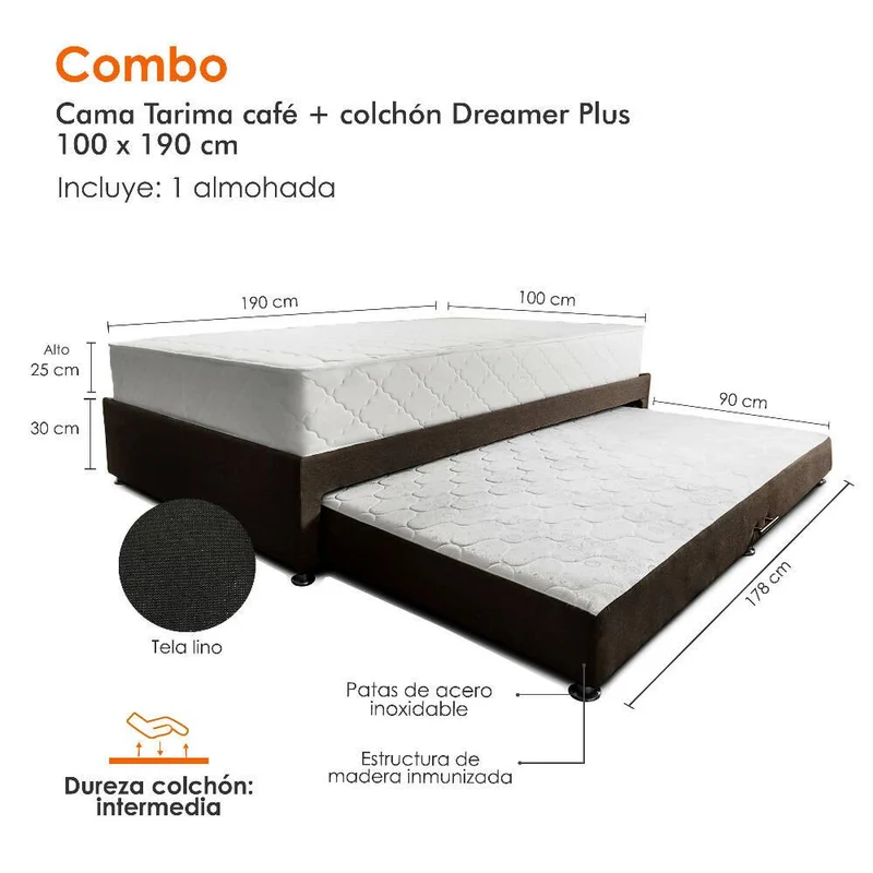 Combo de Cama Nido Tarima Café con Colchón Sencillo de 100x190 cm y Almohada