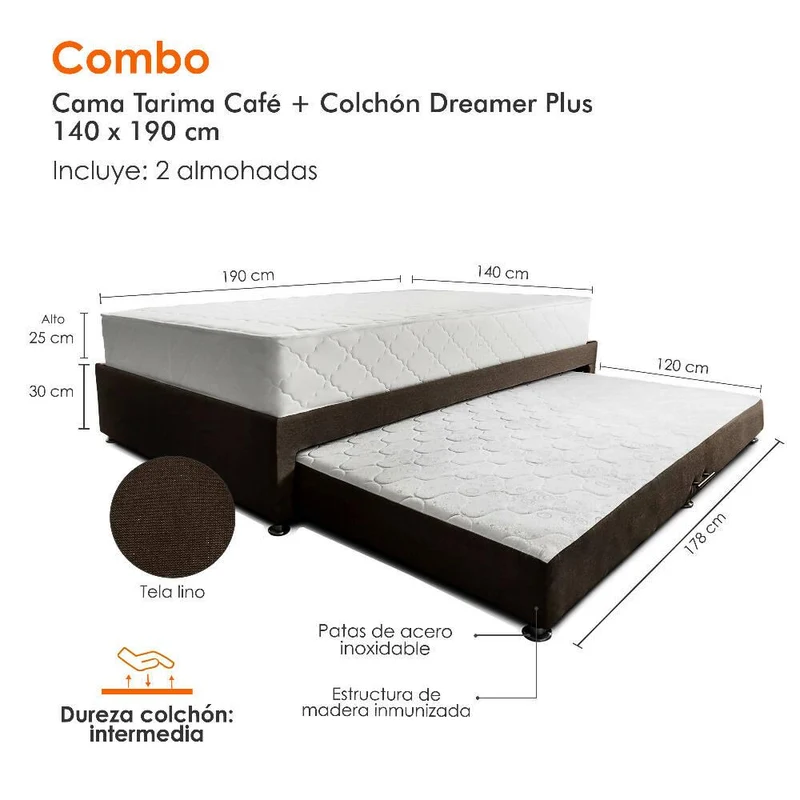 Combo de Cama Nido Tarima Café con Colchón Doble de 140x190 cm y Almohadas