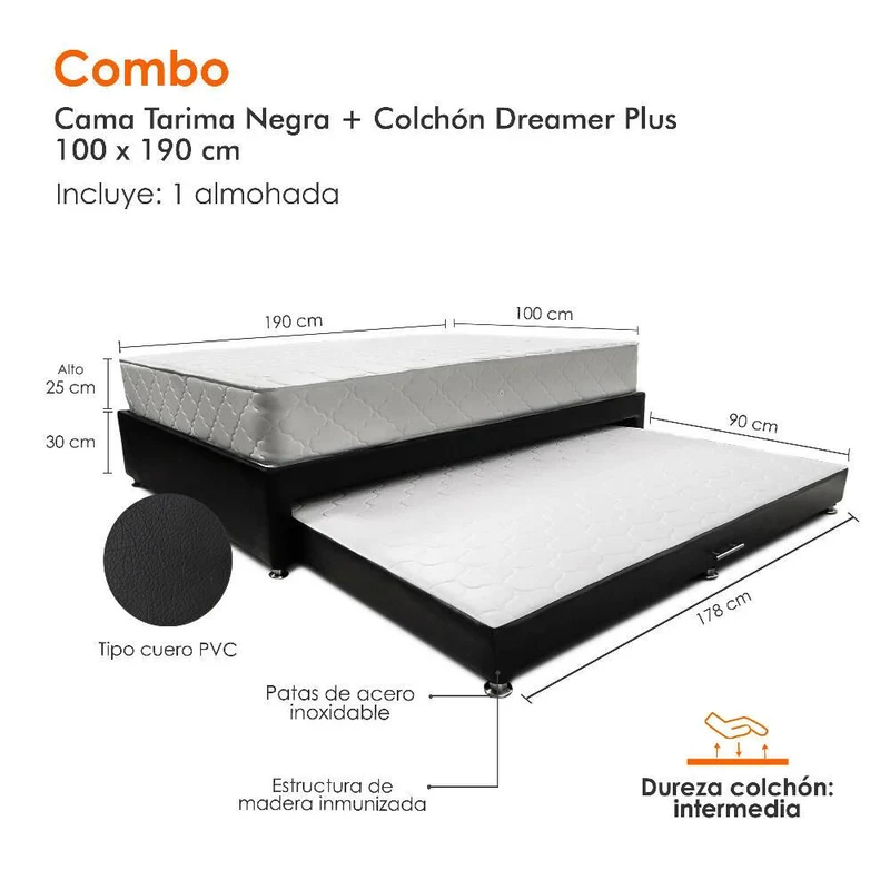 Combo de Cama Nido Tarima Negra con Colchón Sencillo de 100x190 cm y Almohada
