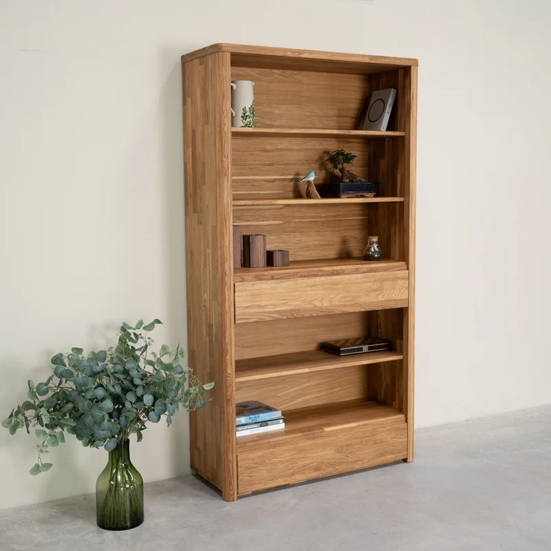 Elsa 2 solid oak wall bookcase with 2 drawers | NordicStory