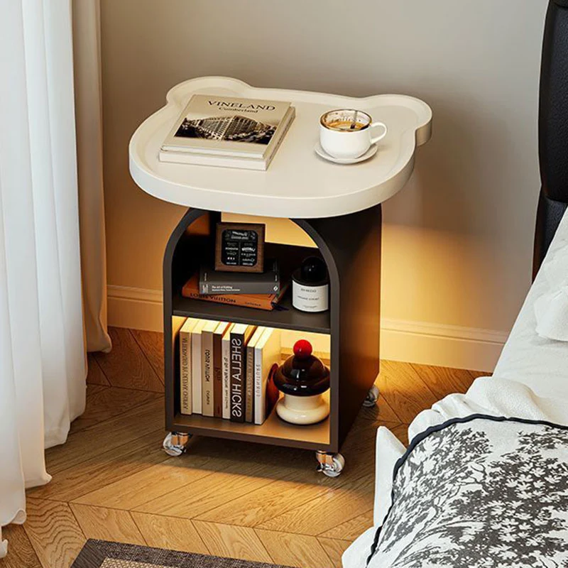 Contemporary Creative Wood Board Iron Bear-Shaped Arch Mobile Side Table 3-Tier For Living Room