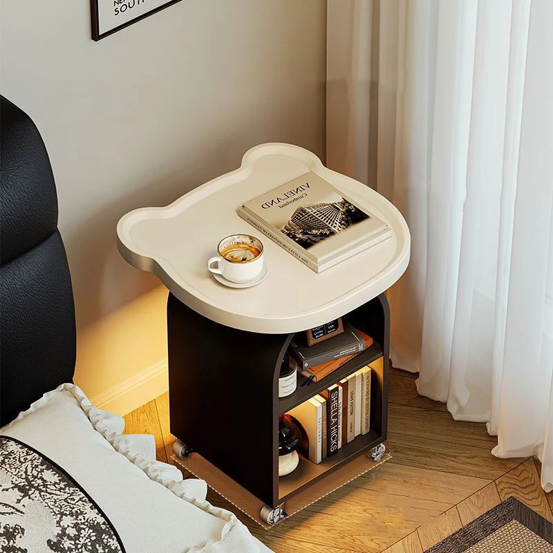 Contemporary Creative Wood Board Iron Bear-Shaped Arch Mobile Side Table 3-Tier For Living Room