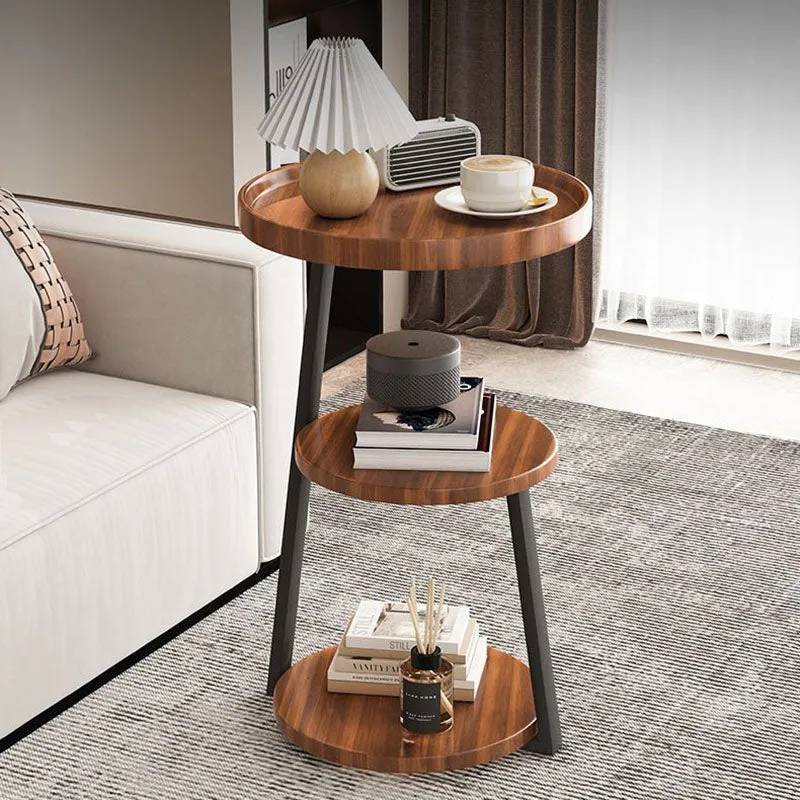 Contemporary Scandinavian Wood Panel Metal Round End Table 3-Tier For Living Room