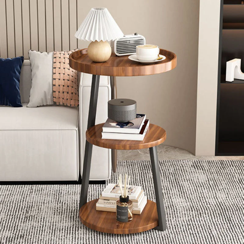 Contemporary Scandinavian Wood Panel Metal Round End Table 3-Tier For Living Room