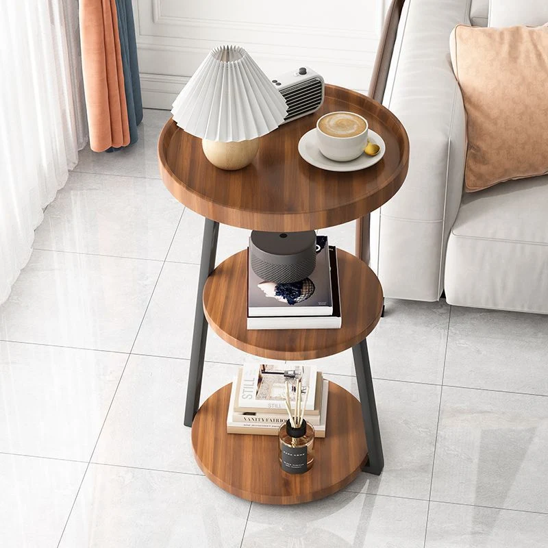 Contemporary Scandinavian Wood Panel Metal Round End Table 3-Tier For Living Room
