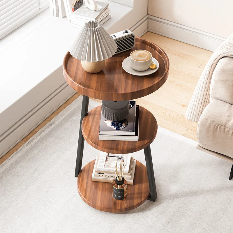 Contemporary Scandinavian Wood Panel Metal Round End Table 3-Tier For Living Room