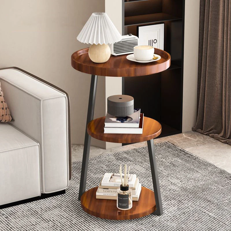 Contemporary Scandinavian Wood Panel Metal Round End Table 3-Tier For Living Room