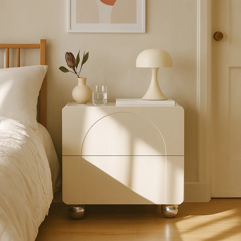 Contemporary Creative 2 Drawers Nightstand - Curved Front Stainless Steel Ball Legs Bedside Table For Bedroom