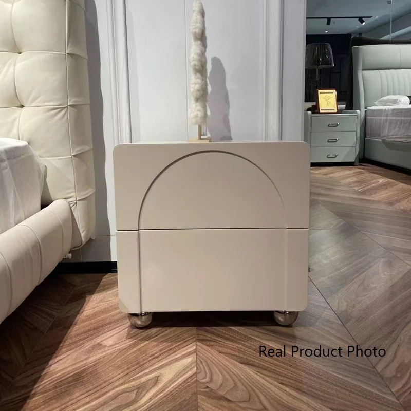 Contemporary Creative 2 Drawers Nightstand - Curved Front Stainless Steel Ball Legs Bedside Table For Bedroom
