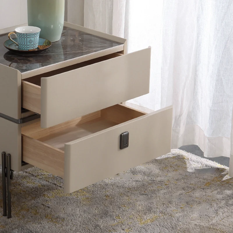 Contemporary Nordic Sintered Stone Bedside Table - 2 Drawers Alloy Legs Nightstand For Bedroom