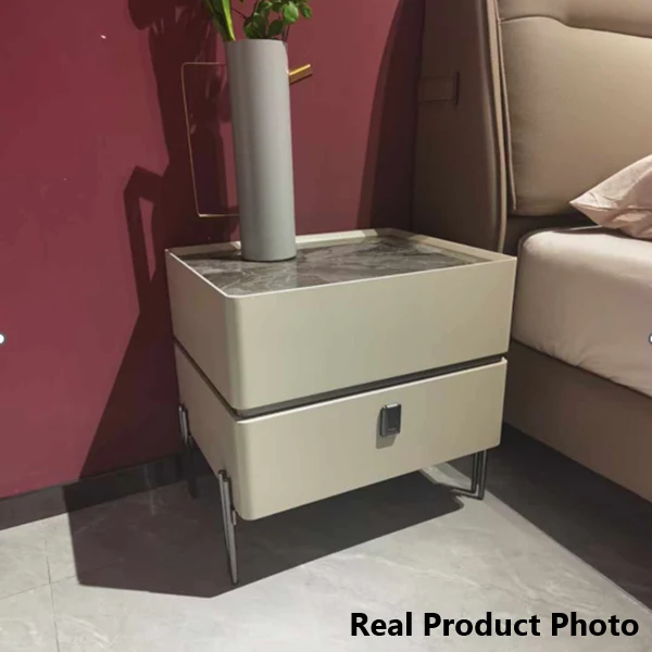 Contemporary Nordic Sintered Stone Bedside Table - 2 Drawers Alloy Legs Nightstand For Bedroom
