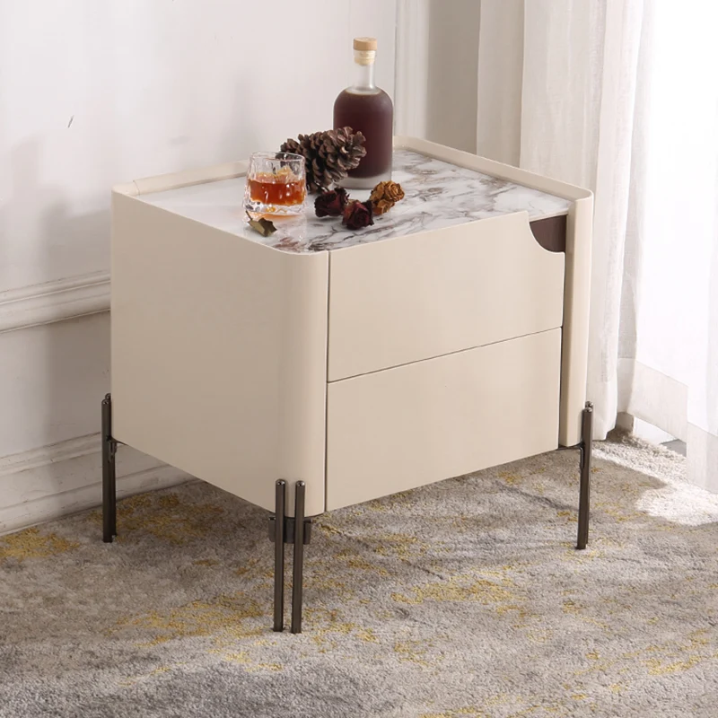 Contemporary Scandinavian Hidden Handle Asymmetry Bedside Table - 2 Drawers Titanium Alloy Base Nightstand For Bedroom