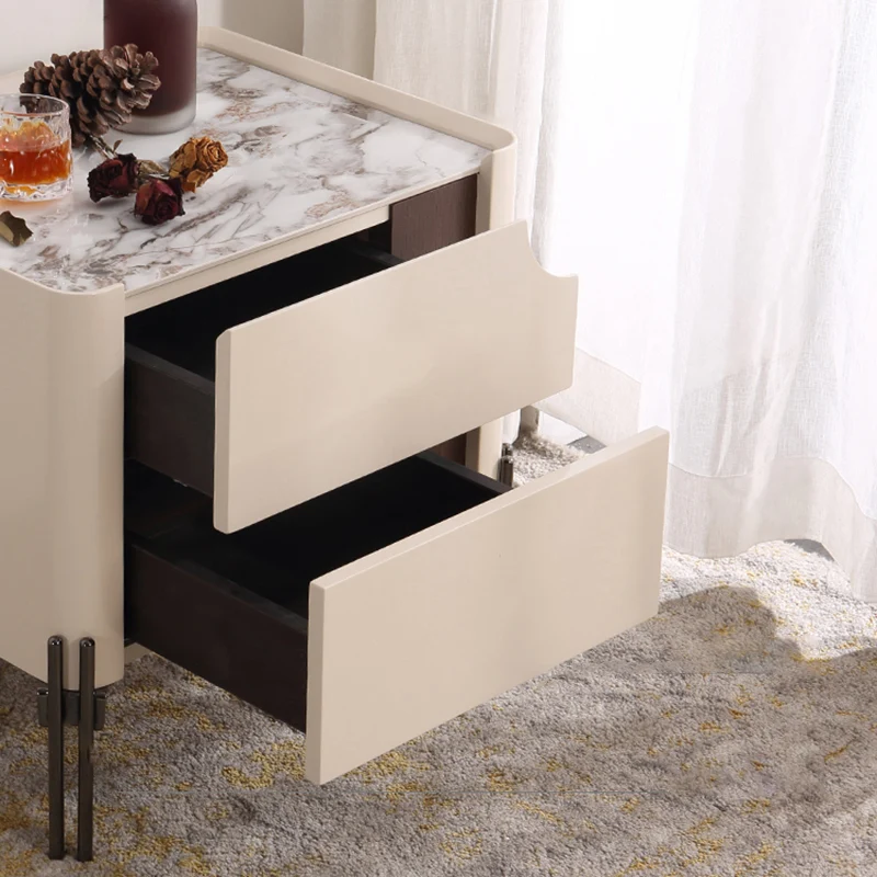 Contemporary Scandinavian Hidden Handle Asymmetry Bedside Table - 2 Drawers Titanium Alloy Base Nightstand For Bedroom