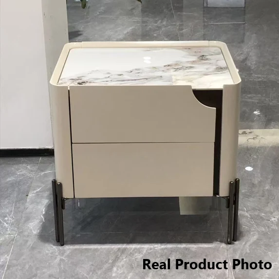 Contemporary Scandinavian Hidden Handle Asymmetry Bedside Table - 2 Drawers Titanium Alloy Base Nightstand For Bedroom
