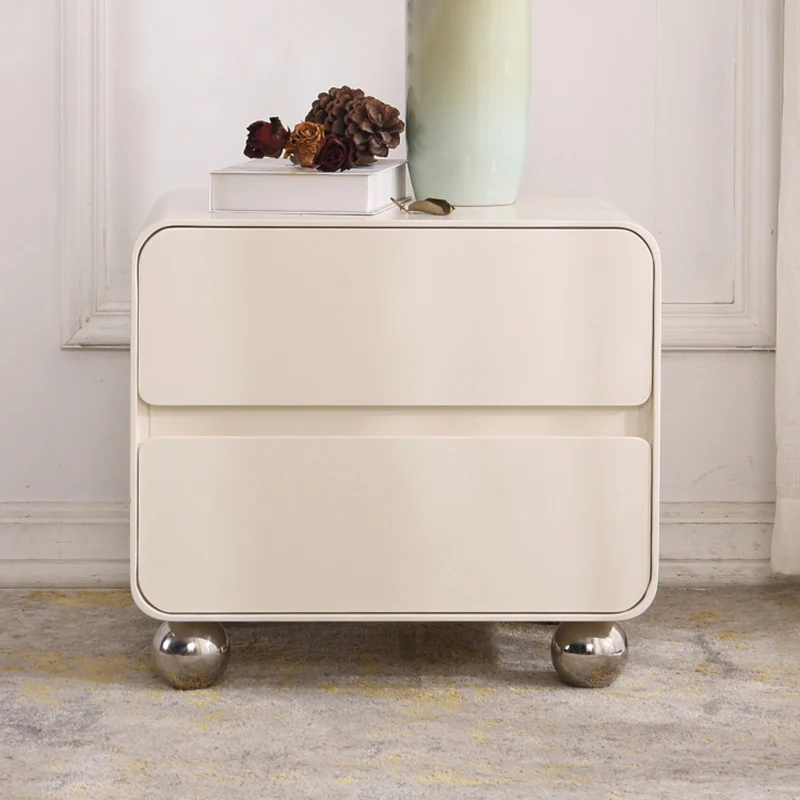 Contemporary Nordic Soft-Edge Curves Bedside Table - 2 Drawers Metal Ball Legs Nightstand For Bedroom