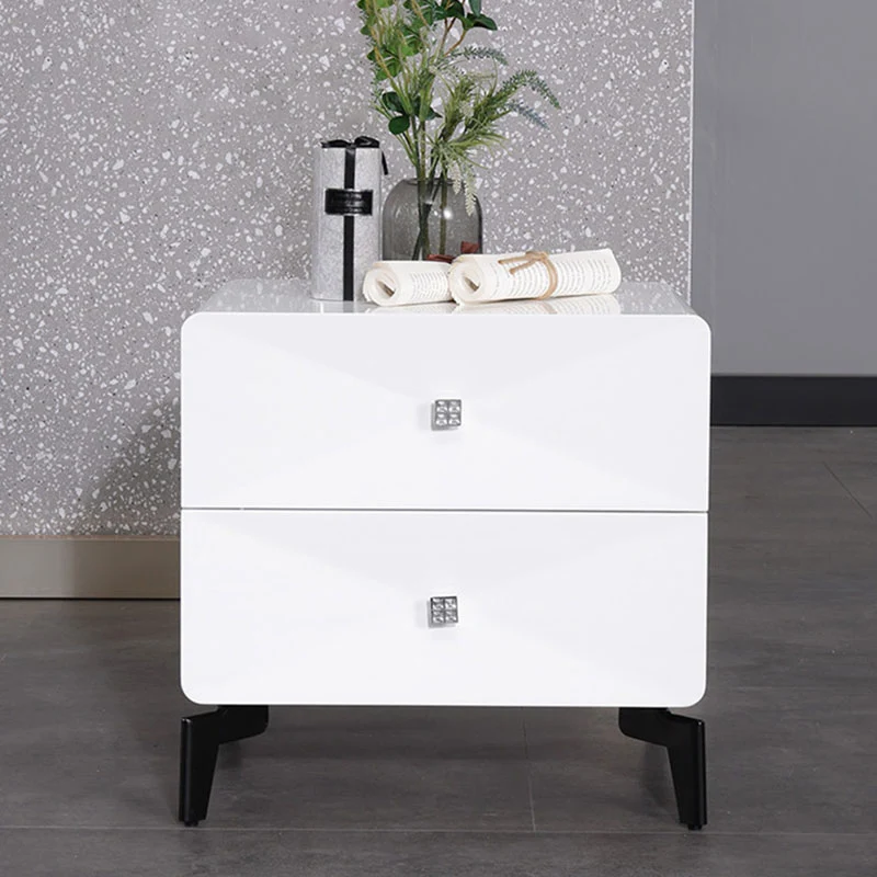 Bright White Modern Minimalist Bedside Table - Unique Design Sturdy Iron Legs Nightstand 2-Drawer For Bedroom