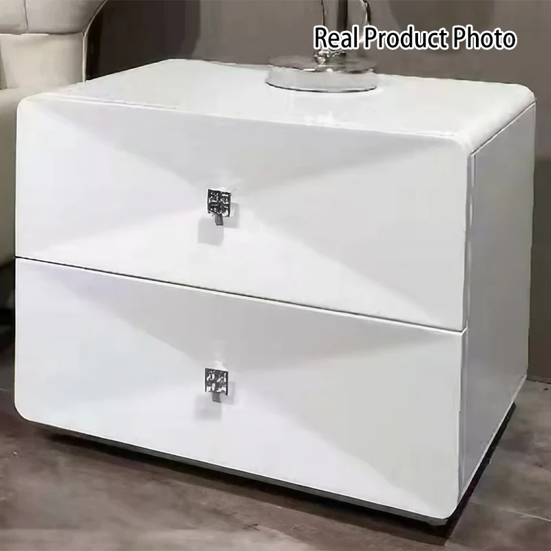 Bright White Modern Minimalist Bedside Table - Unique Design Sturdy Iron Legs Nightstand 2-Drawer For Bedroom