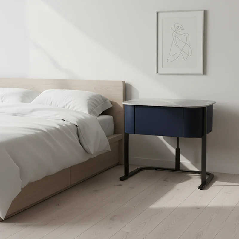 Hardcore Industrial-Style Bedside Table - Durable Rock Slab Top & Exquisite Faux Leather Stitching Nightstand 1-Drawer For Bedroom