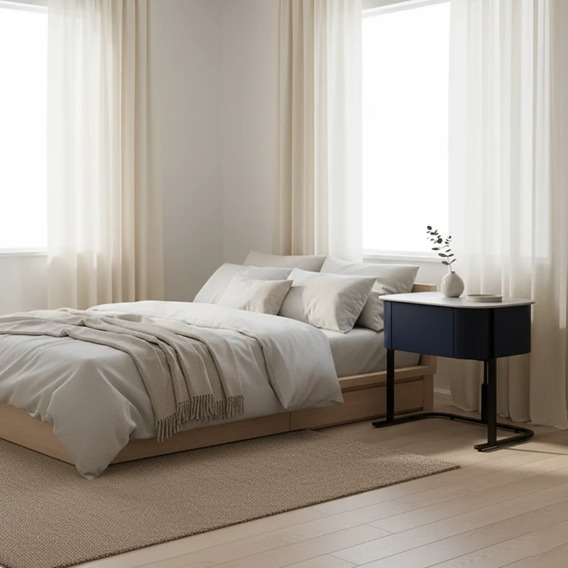 Hardcore Industrial-Style Bedside Table - Durable Rock Slab Top & Exquisite Faux Leather Stitching Nightstand 1-Drawer For Bedroom