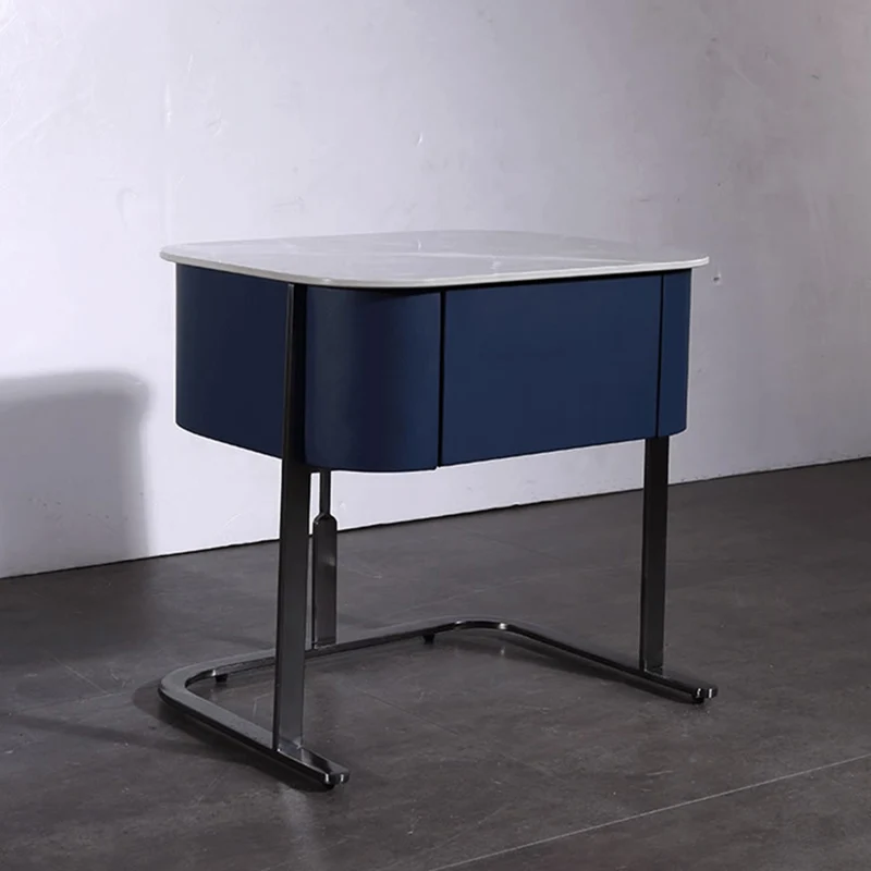 Hardcore Industrial-Style Bedside Table - Durable Rock Slab Top & Exquisite Faux Leather Stitching Nightstand 1-Drawer For Bedroom