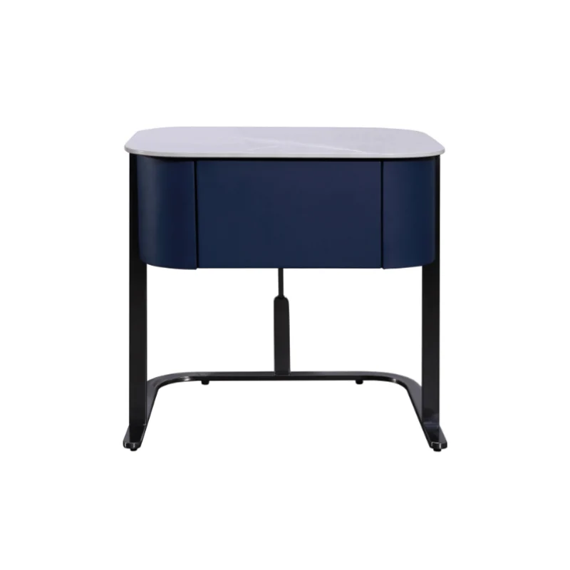 Hardcore Industrial-Style Bedside Table - Durable Rock Slab Top & Exquisite Faux Leather Stitching Nightstand 1-Drawer For Bedroom