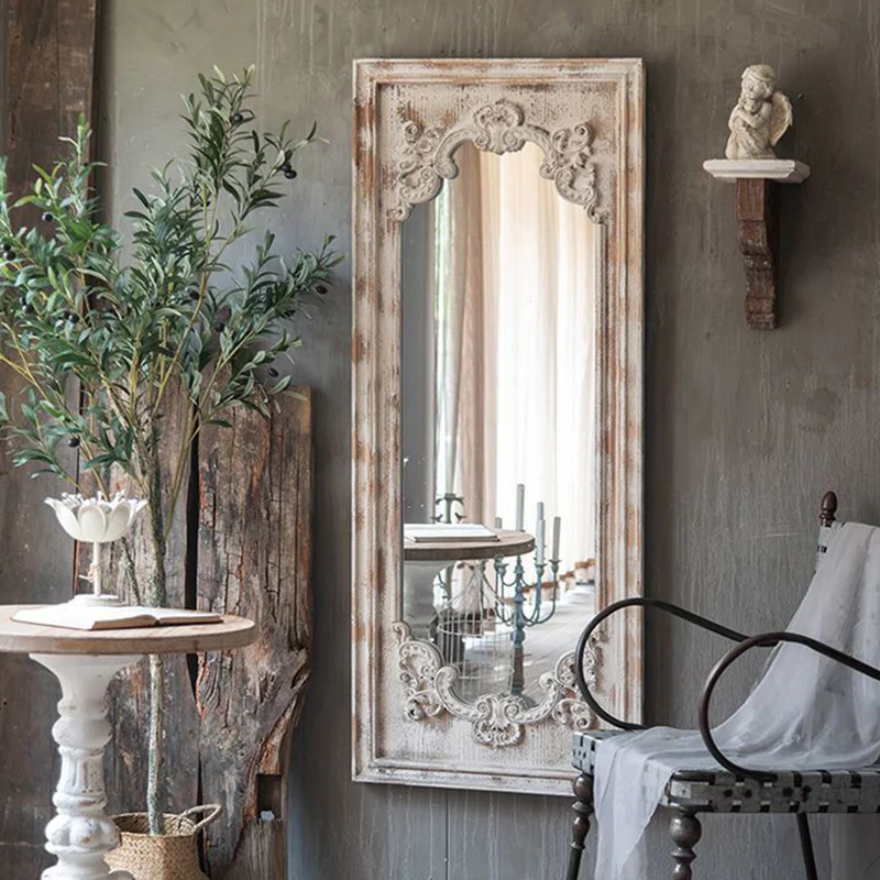 Traditional Vintage Rectangular Wabi-Sabi Fir Wood Glass Accent Full-Length Mirror For Entryways