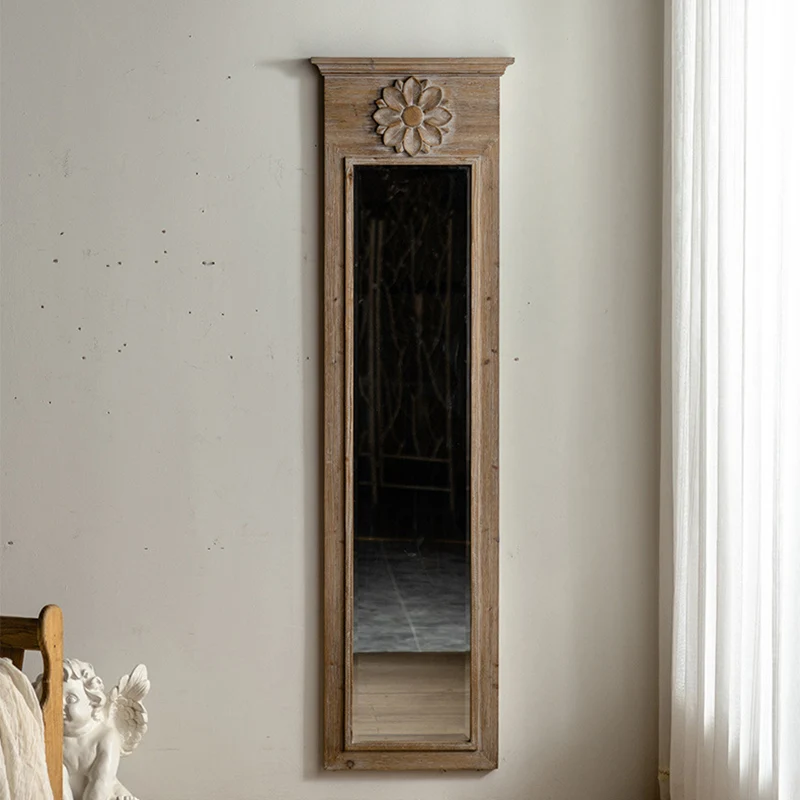 Traditional Vintage Rectangular Distressed Finish Glass Fir Wood Carved Flower Accent Full-Length Mirror For Bedroom